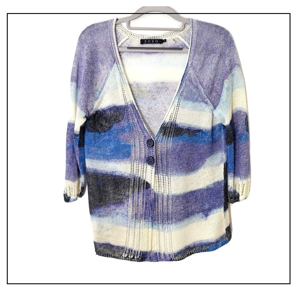 Zozo Tunic S Button Linen Open Knit Lightweight Watercolor Artsy‎ Preppy Casual